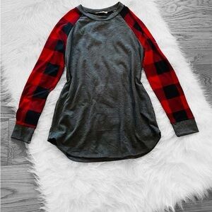 Gray Top with Red Plaid Sleeves